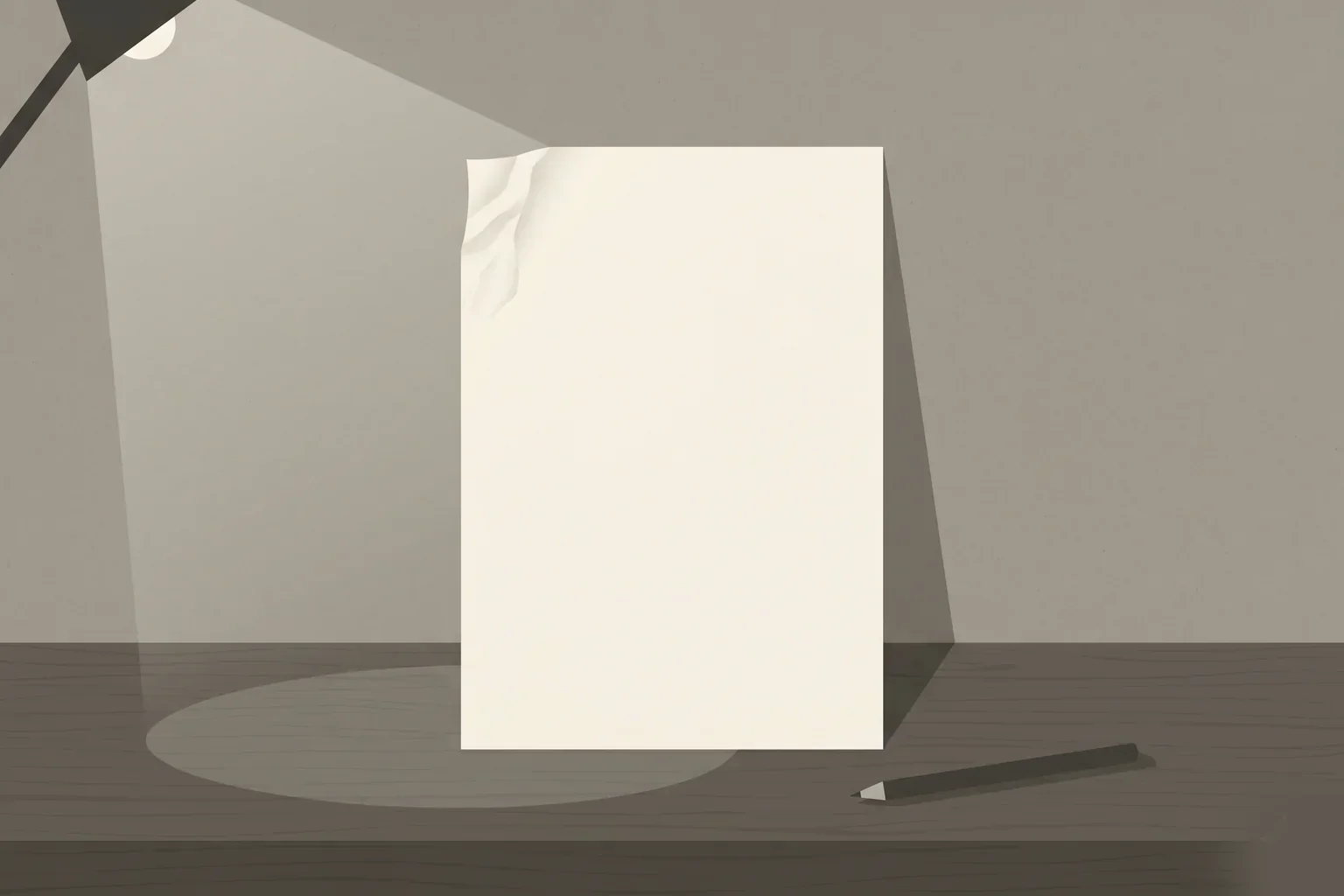 Feuille blanche posée sur un bureau éclairé par une lampe — piège du devis Word le soir pour artisans